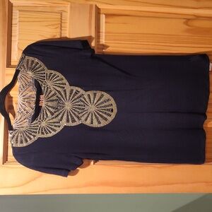 Tory Burch Navy and Gold Filagree Linen Top Tee S